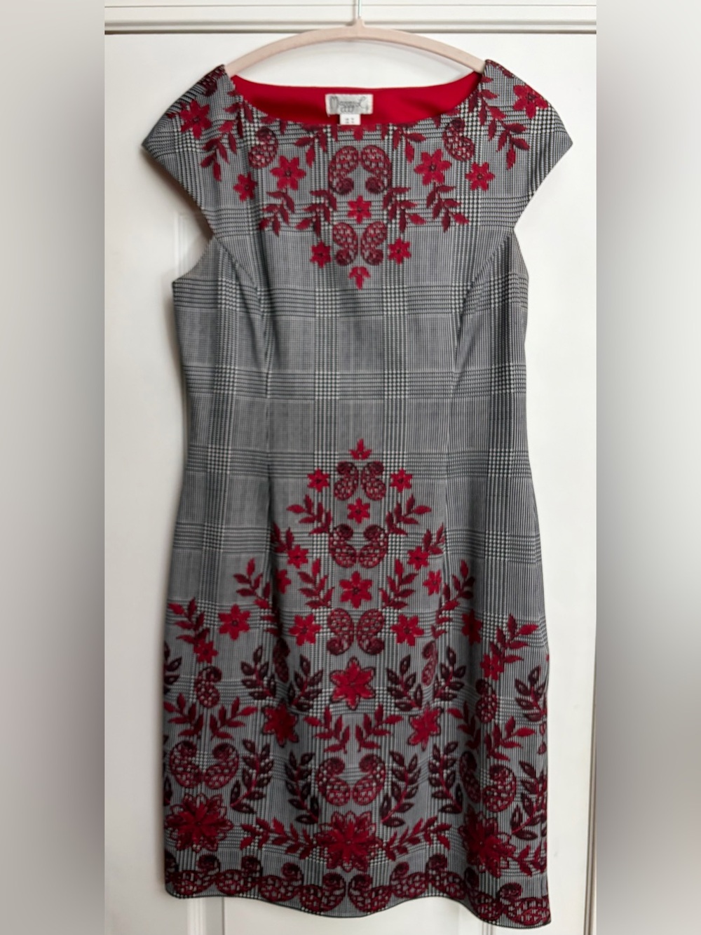 Maggie L Blk/White Plaid Embroidery-Look Tailored Classic Sheath Dress EUC Sz 10